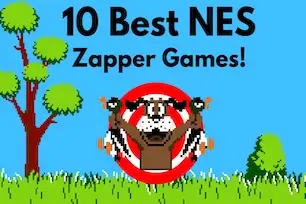 Duck Hunt dog holding ducks with target background and trees, promoting 10 Best NES Zapper Games – classic NES light gun games